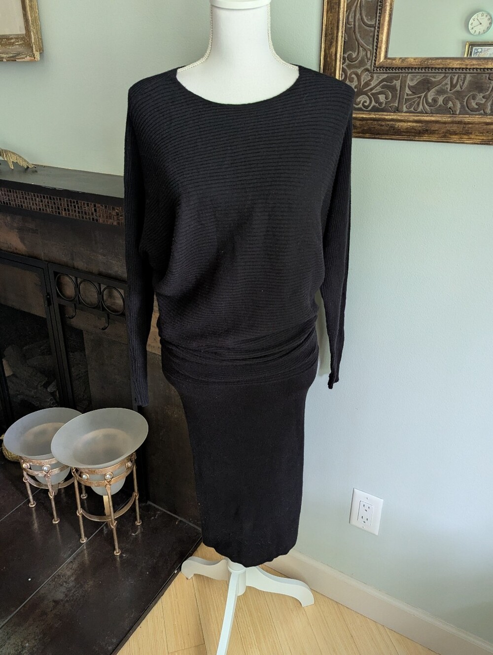 ETC Womens XS Black Sweater Dress Long Sleeve Ribbed Knit Scrunch Top Wool Blend